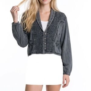 Women Log Sleeves Gray Cropped Jacket Free Size Embroidered